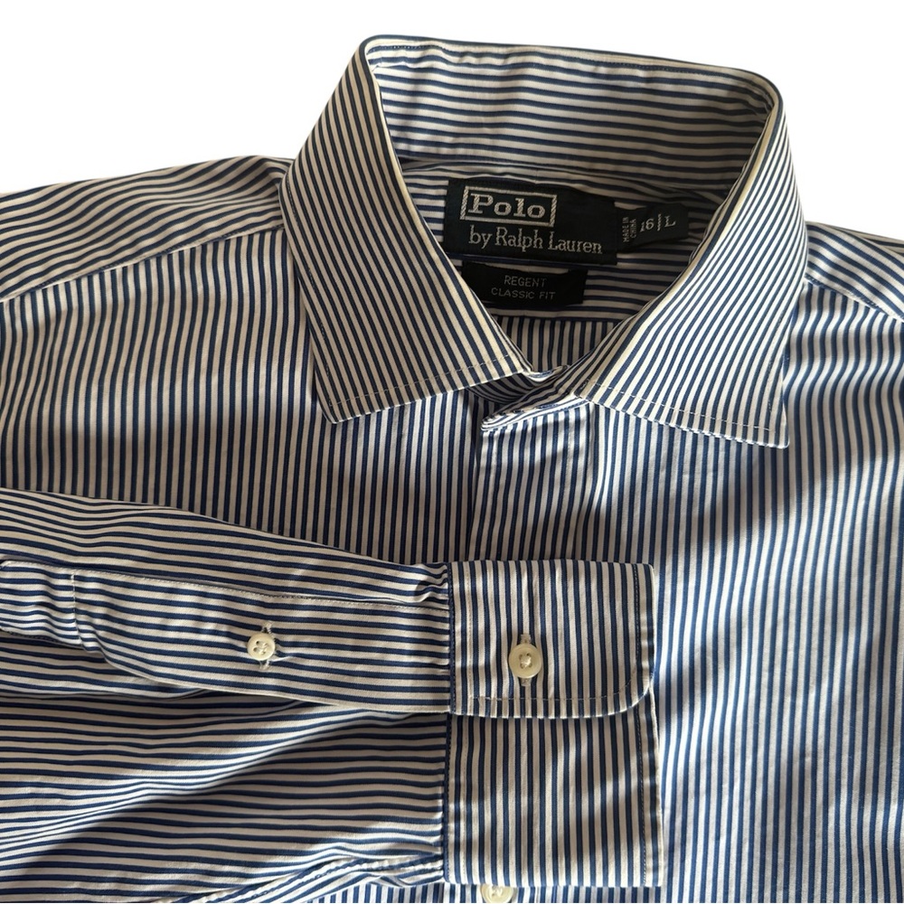 Ralph Lauren Blue Preppy Striped Long Sleeve 16 L Classic Fit Dress Shirt Regent